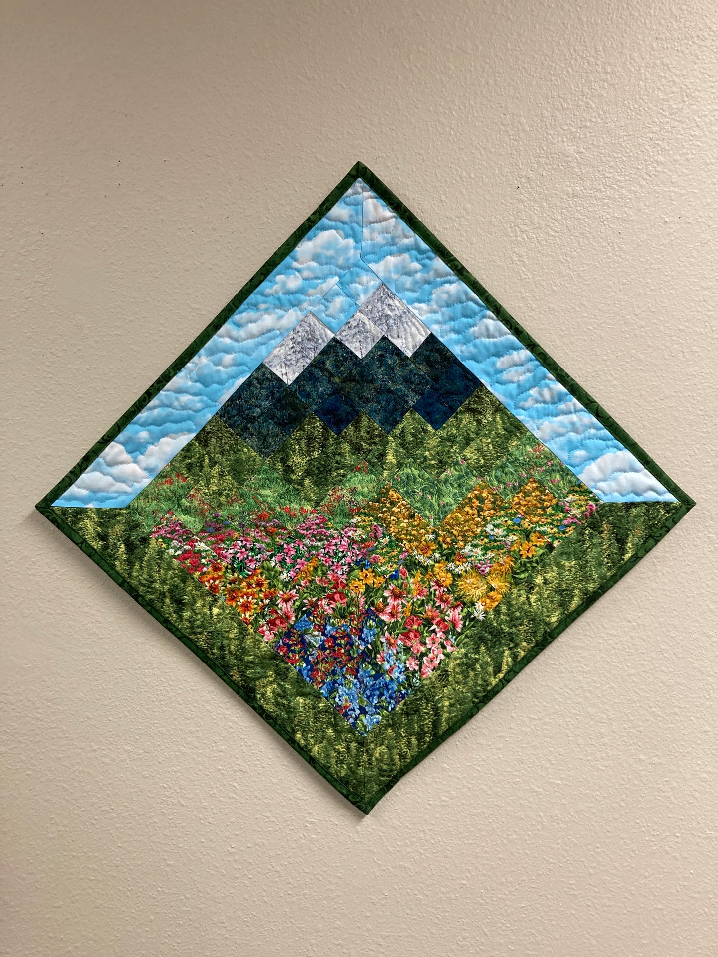 Art Quilt, Wildflower Pink Yellow Blue Meadow Mountain Fabric Wall Hanging Landscape Tapestry Artwork Bedroom Living Room 29x29" Diagonal