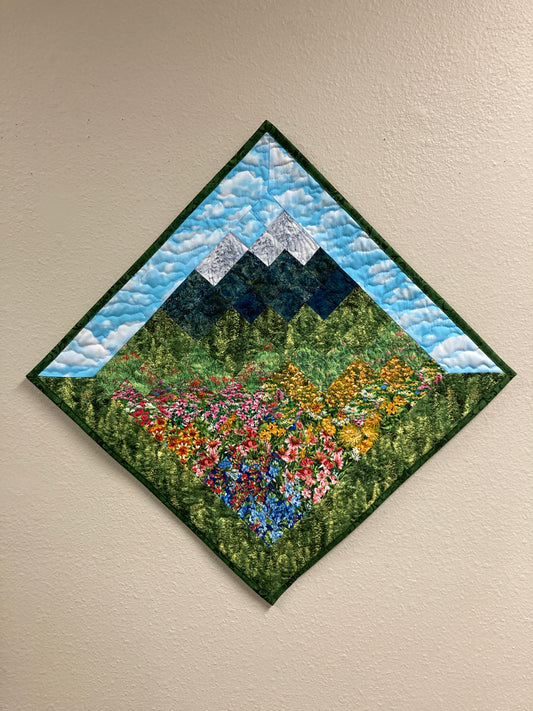 Art Quilt, Wildflower Pink Yellow Blue Meadow Mountain Fabric Wall Hanging Landscape Tapestry Artwork Bedroom Living Room 29x29" Diagonal