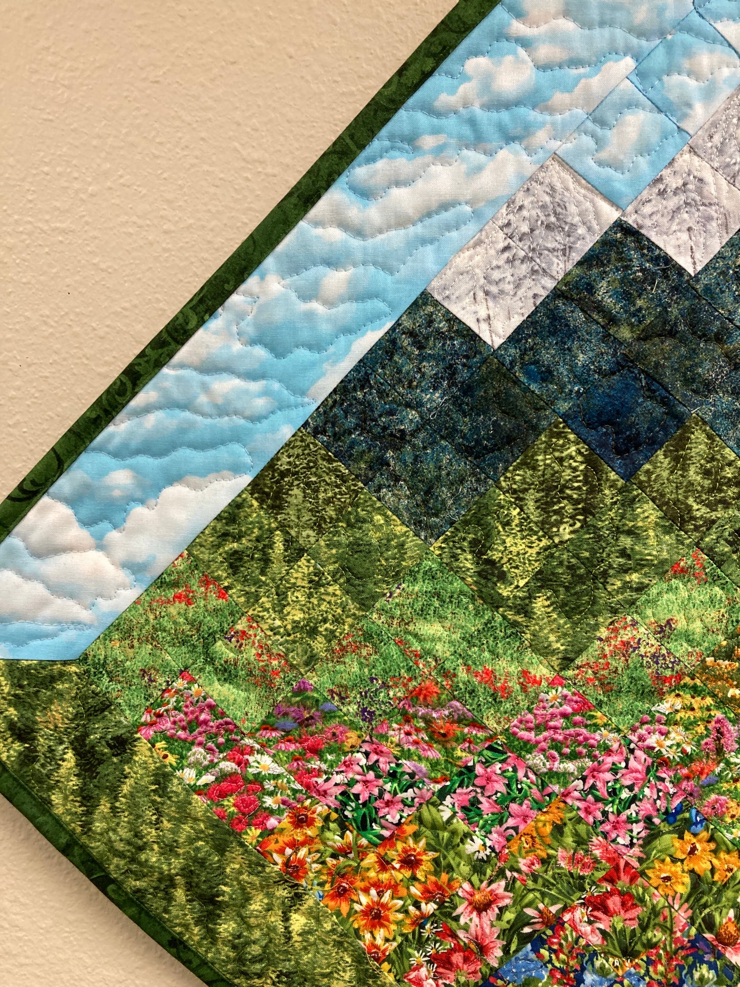 Art Quilt, Wildflower Pink Yellow Blue Meadow Mountain Fabric Wall Hanging Landscape Tapestry Artwork Bedroom Living Room 29x29" Diagonal