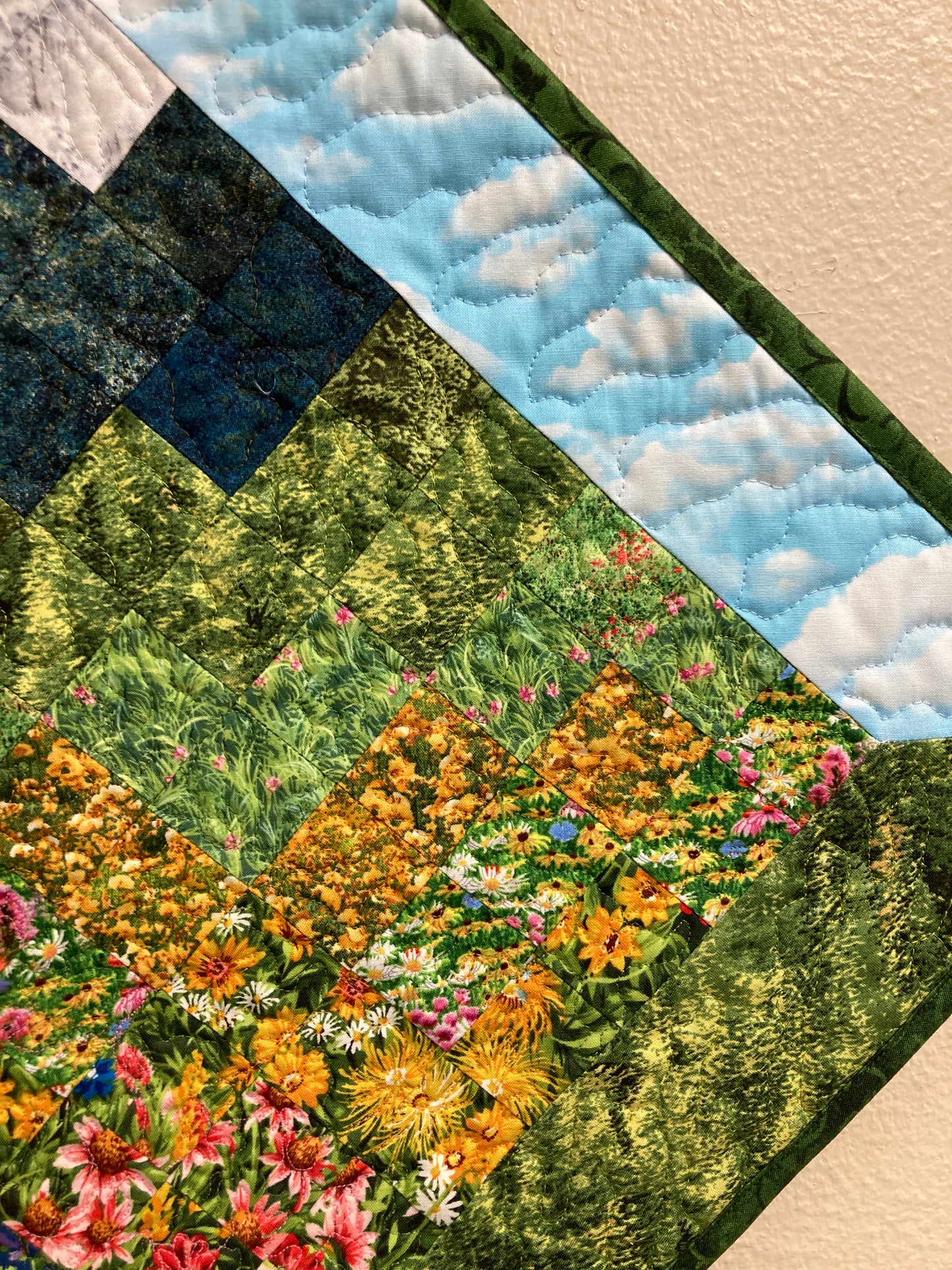 Art Quilt, Wildflower Pink Yellow Blue Meadow Mountain Fabric Wall Hanging Landscape Tapestry Artwork Bedroom Living Room 29x29" Diagonal