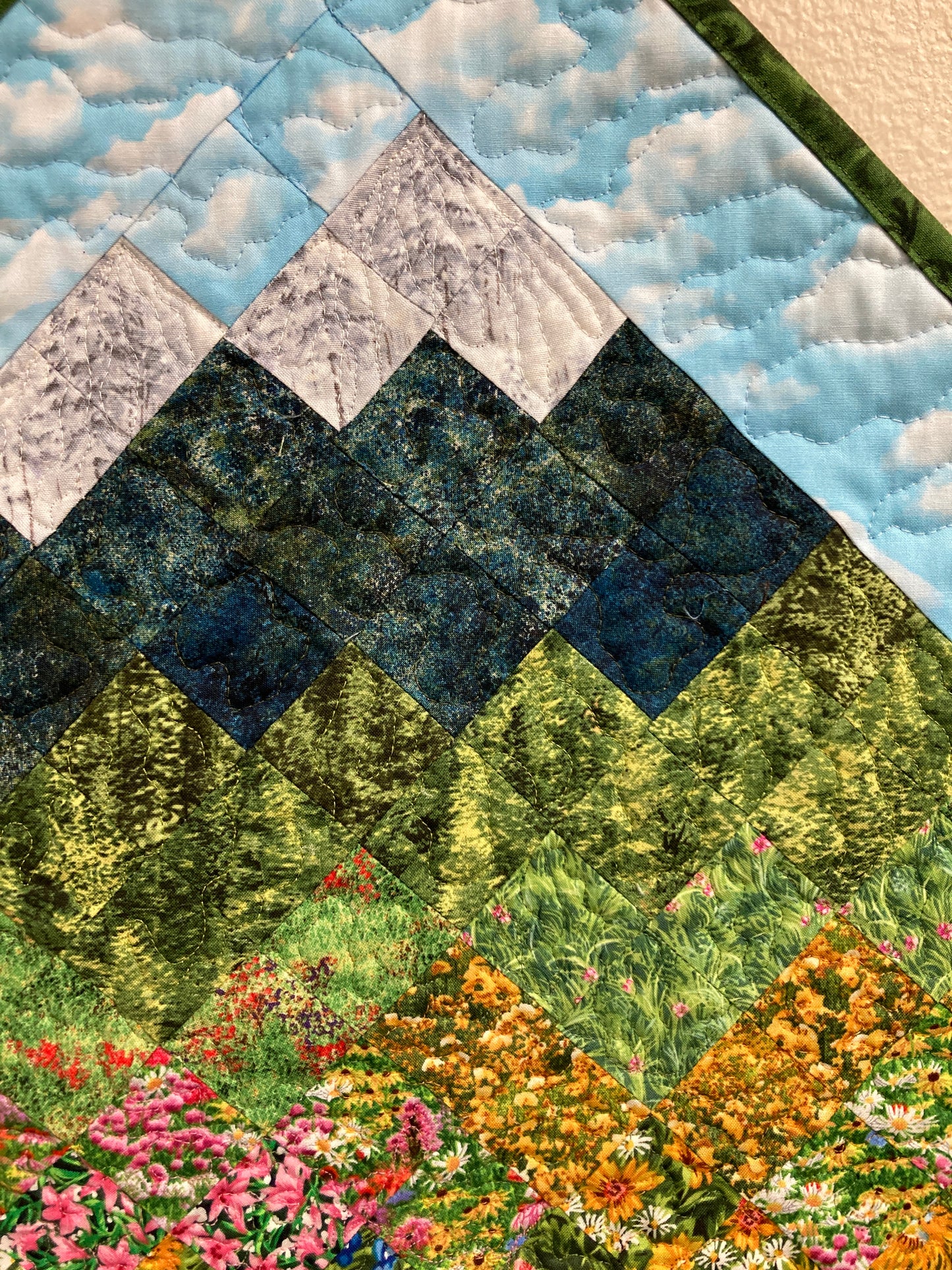 Art Quilt, Wildflower Pink Yellow Blue Meadow Mountain Fabric Wall Hanging Landscape Tapestry Artwork Bedroom Living Room 29x29" Diagonal