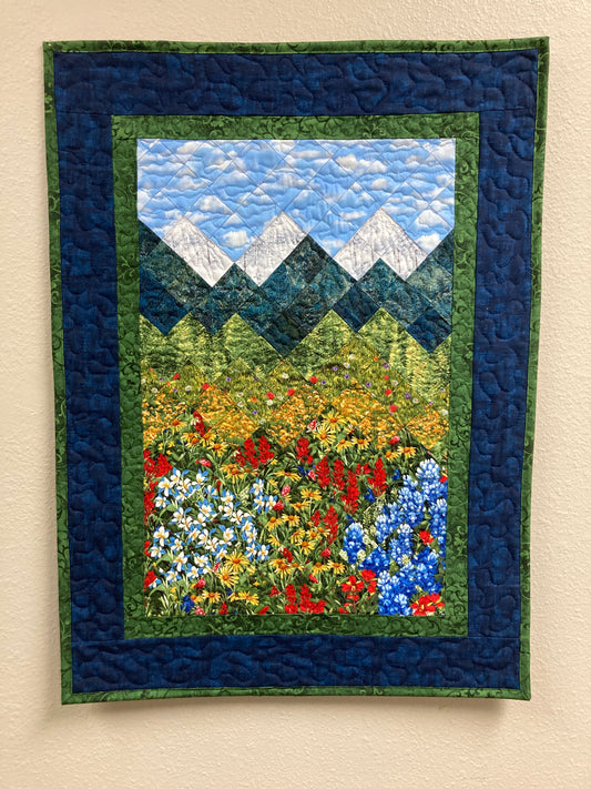 Wildflower Mountain Quilt Art Fabric Wall Hanging, Landscape Textile Art 21x29” Vertical Tapestry, Summer Blue Red Yellow Flowers Artwork