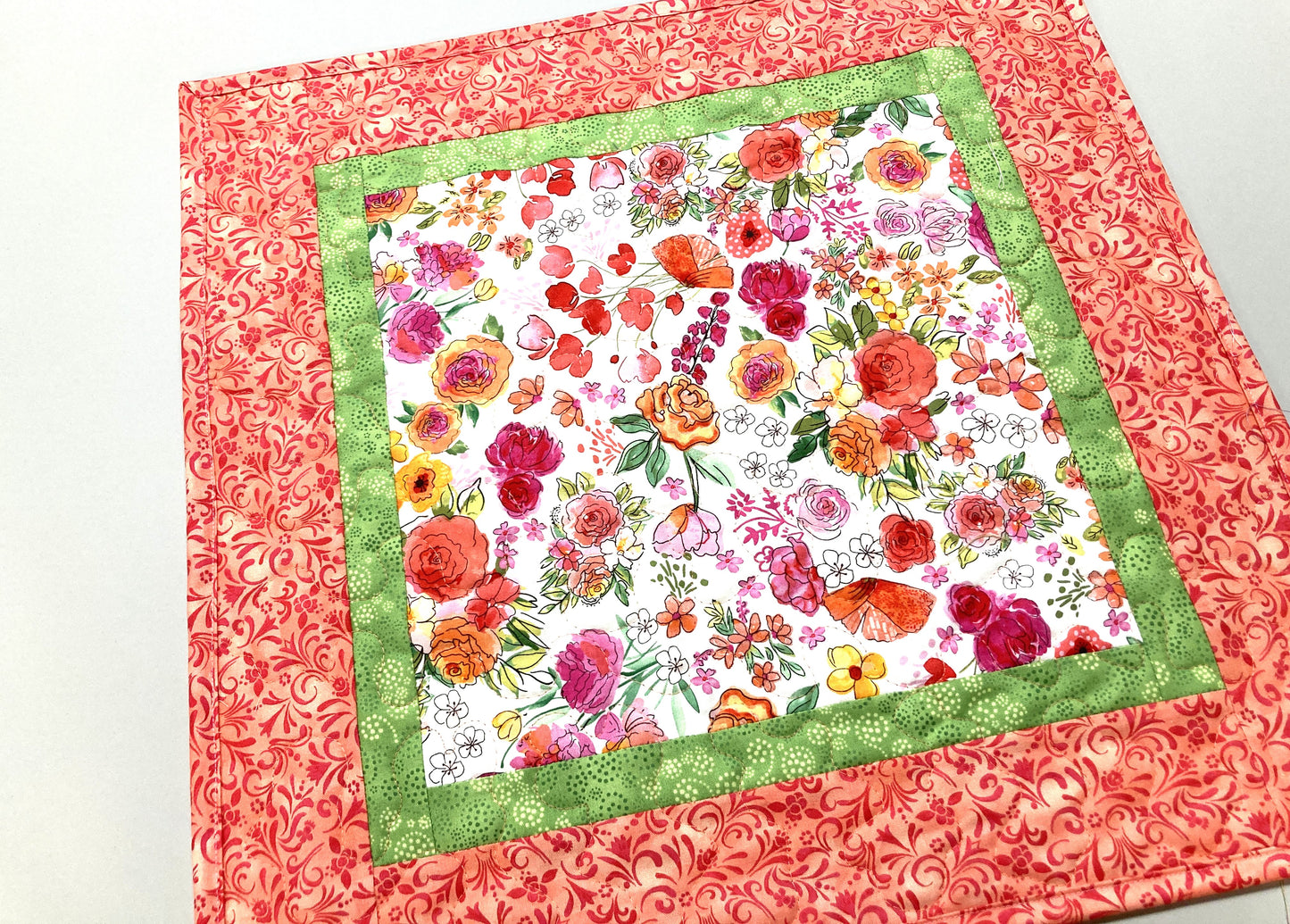 Spring Summer Pink Yellow Flowers Quilted Table Topper, 19x19" Reversible Large Square Mat, Coffee Dining End Table Nightstand Handmade