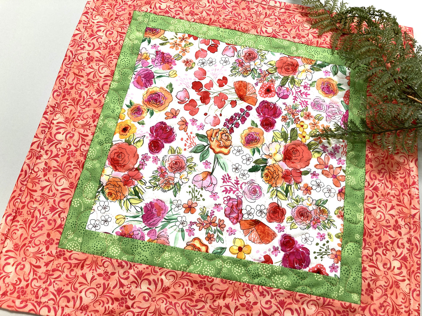 Spring Summer Pink Yellow Flowers Quilted Table Topper, 19x19" Reversible Large Square Mat, Coffee Dining End Table Nightstand Handmade