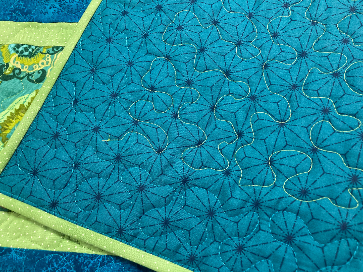 Retro Modern Blue Green Flower Garden Quilting Dining Coffee Table Runner, 13x48" Reversible, Bright Bold Abstract Everyday Summer Handmade