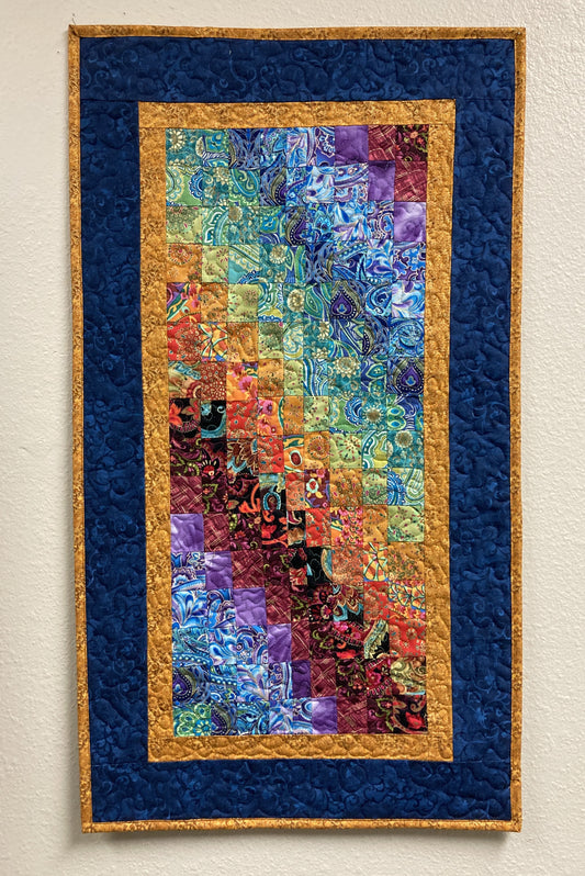 Abstract Bright Boho Fabric Wall Hanging Art Quilt Watercolor Tapestry, 18x36” Vertical Hippie Chic Runner Paisley Handmade Original
