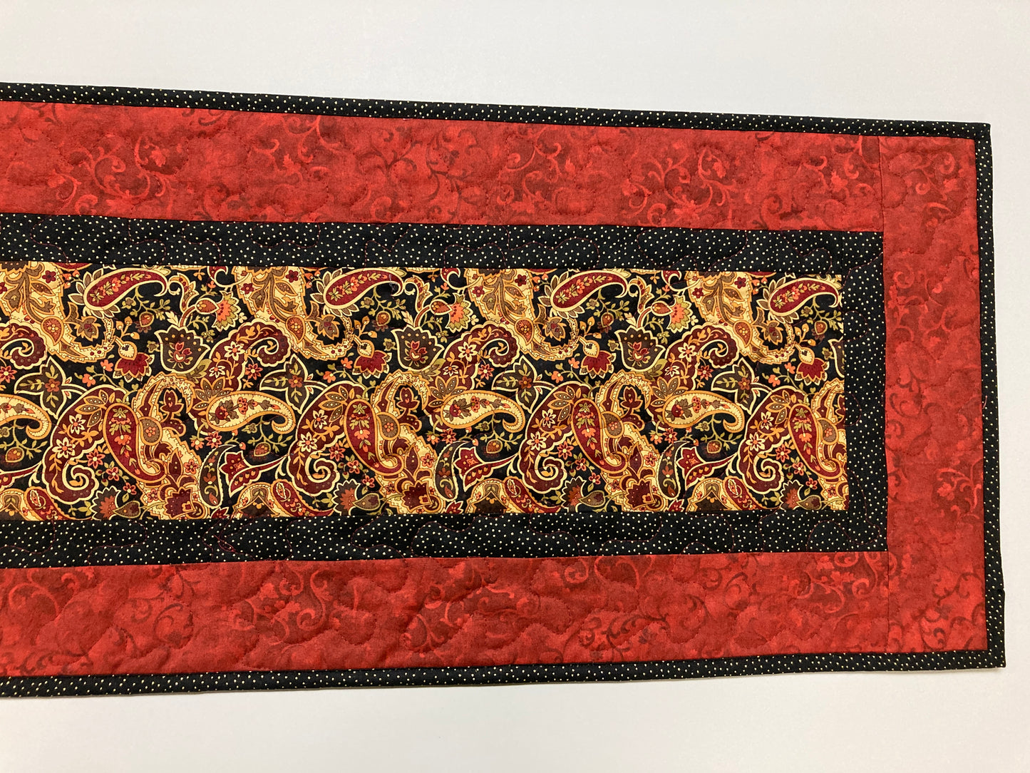 Quilted Dining Table Runner, Traditional Paisley Rust Gold Black, 13x48" Reversible Washable, Coffee Table Dresser Scarf, Everyday Handmade