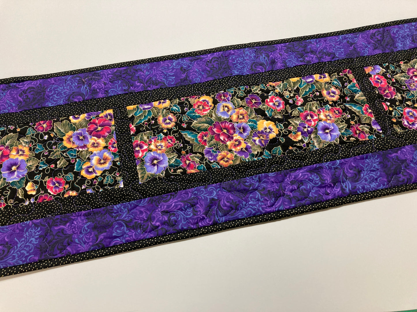 Summer Pansy Bouquet Quilted Dining Table Runner, Reversible 13x58" Coffee End Table Dresser Mat, Pansies Pink Yellow Blue Garden Nature