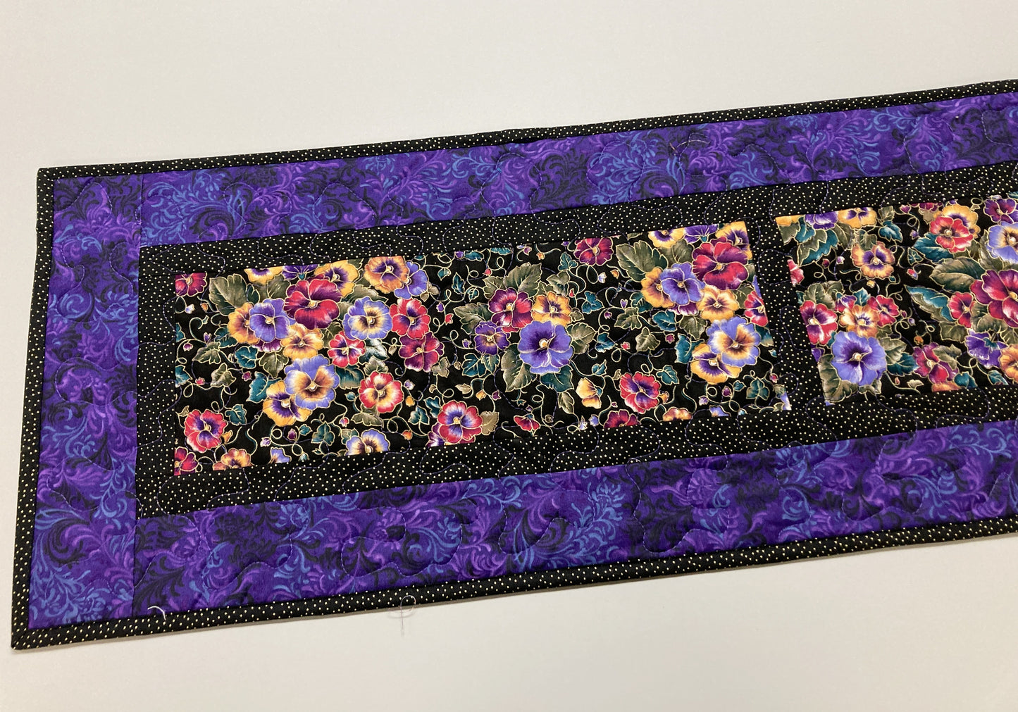 Summer Pansy Bouquet Quilted Dining Table Runner, Reversible 13x58" Coffee End Table Dresser Mat, Pansies Pink Yellow Blue Garden Nature