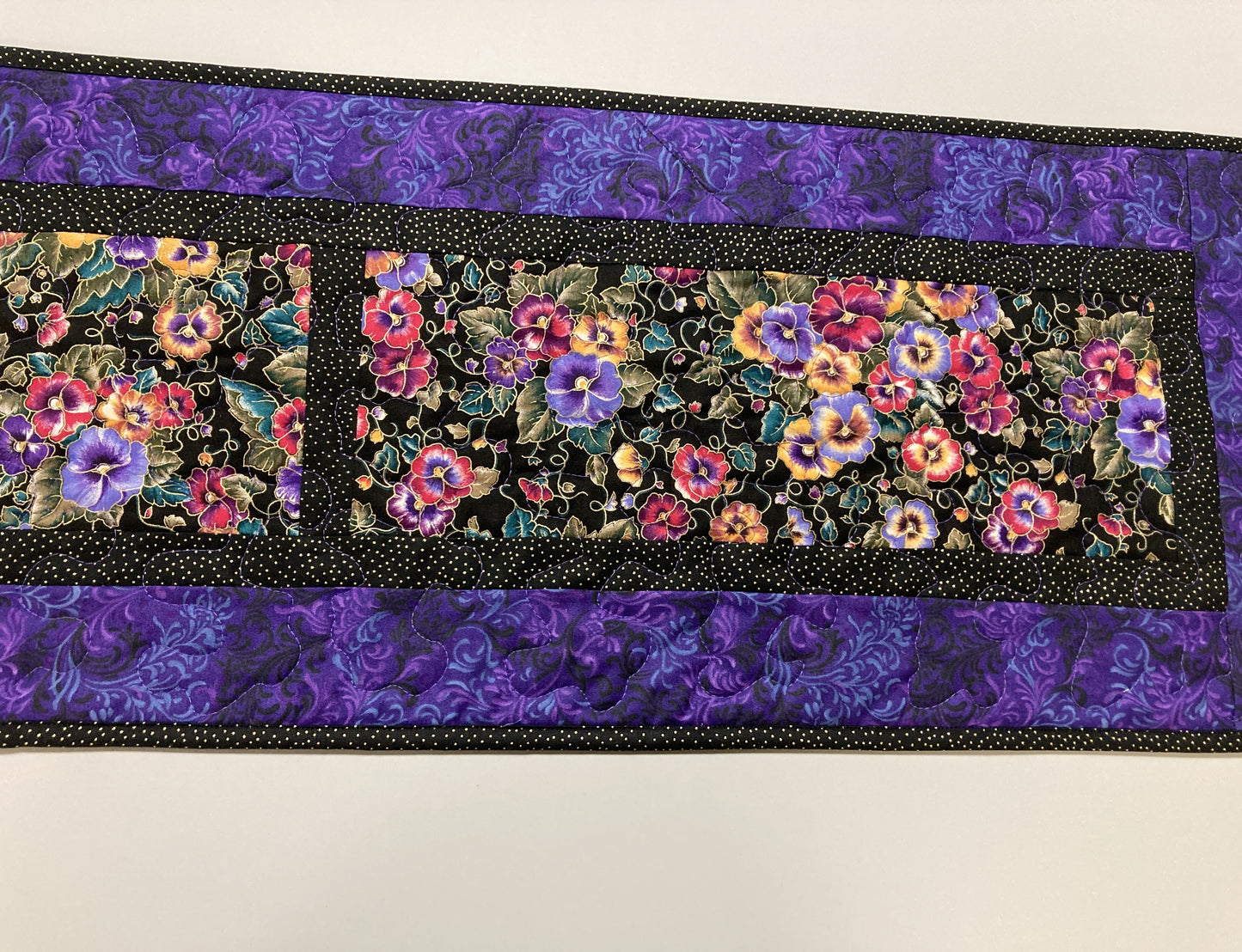 Summer Pansy Bouquet Quilted Dining Table Runner, Reversible 13x58" Coffee End Table Dresser Mat, Pansies Pink Yellow Blue Garden Nature