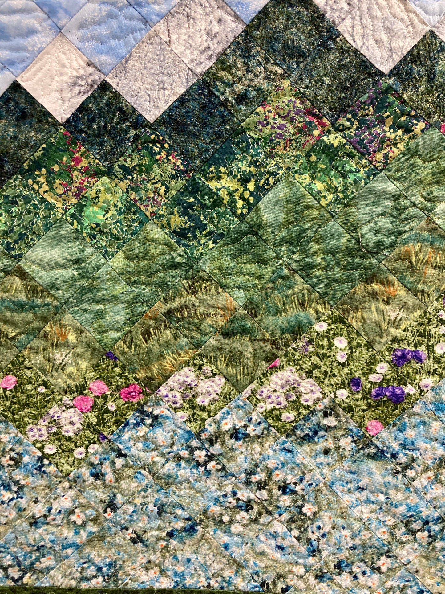 Summer Misty Blue Meadow Mountain Art Quilt Tapestry, Fabric Wall Hanging, 18x25” Vertical Forest Mountain Scenic Original Artwork Handmade