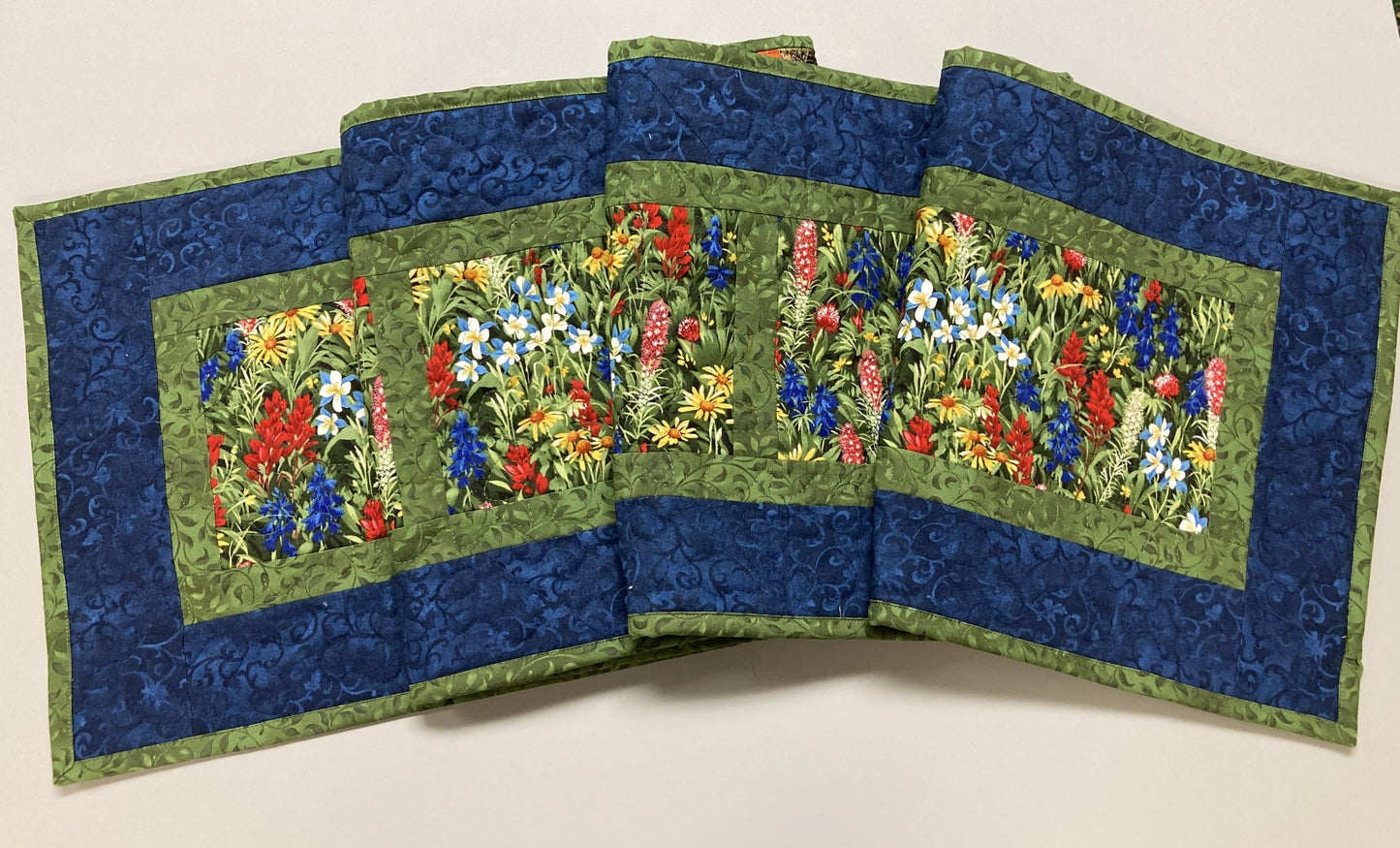 Quilted Table Runner Summer Texas Wildflowers, 13x72" Yellow Red Blue Flowers, Dining Room Coffee Table Runner, Garden Floral Everyday