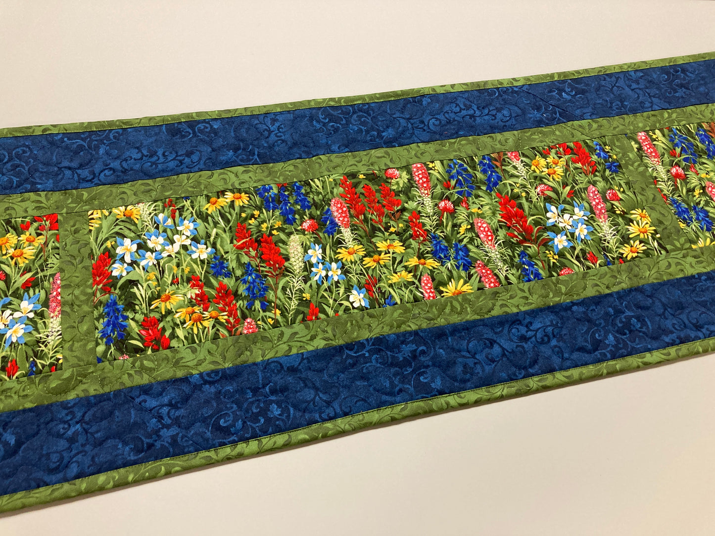Quilted Table Runner Summer Texas Wildflowers, 13x72" Yellow Red Blue Flowers, Dining Room Coffee Table Runner, Garden Floral Everyday