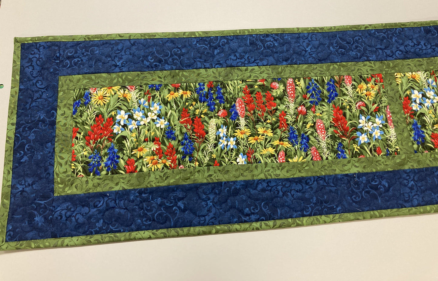 Quilted Table Runner Summer Texas Wildflowers, 13x72" Yellow Red Blue Flowers, Dining Room Coffee Table Runner, Garden Floral Everyday
