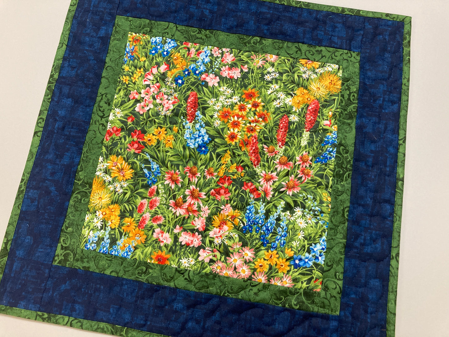 Summer Wildflowers Quilted Table Topper, Reversible Table Mat, 20x20" Coffee Table End Table Nightstand, Large Square Spring Decor Handmade