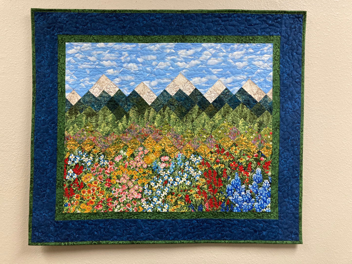 Mountain Flowers Landscape Art Quilt, Scenic Tapestry 33x37" Fabric Wall Hanging Horizontal Quilted Original Meadow Snow Pine Trees Handmade