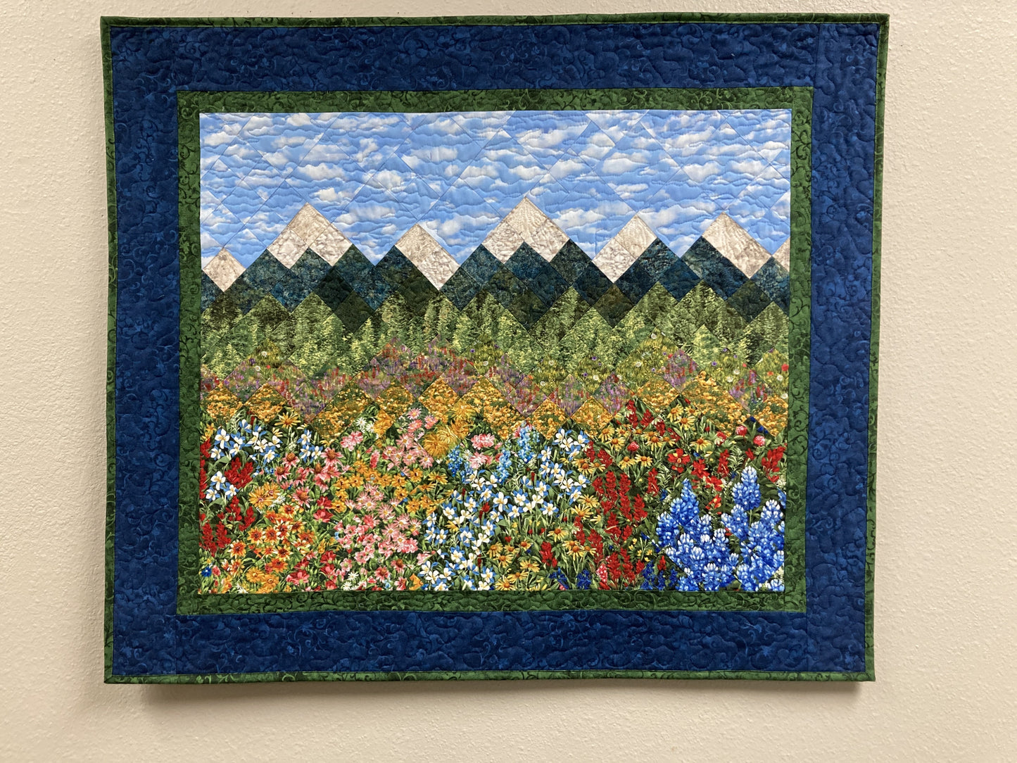 Mountain Flowers Landscape Art Quilt, Scenic Tapestry 33x37" Fabric Wall Hanging Horizontal Quilted Original Meadow Snow Pine Trees Handmade