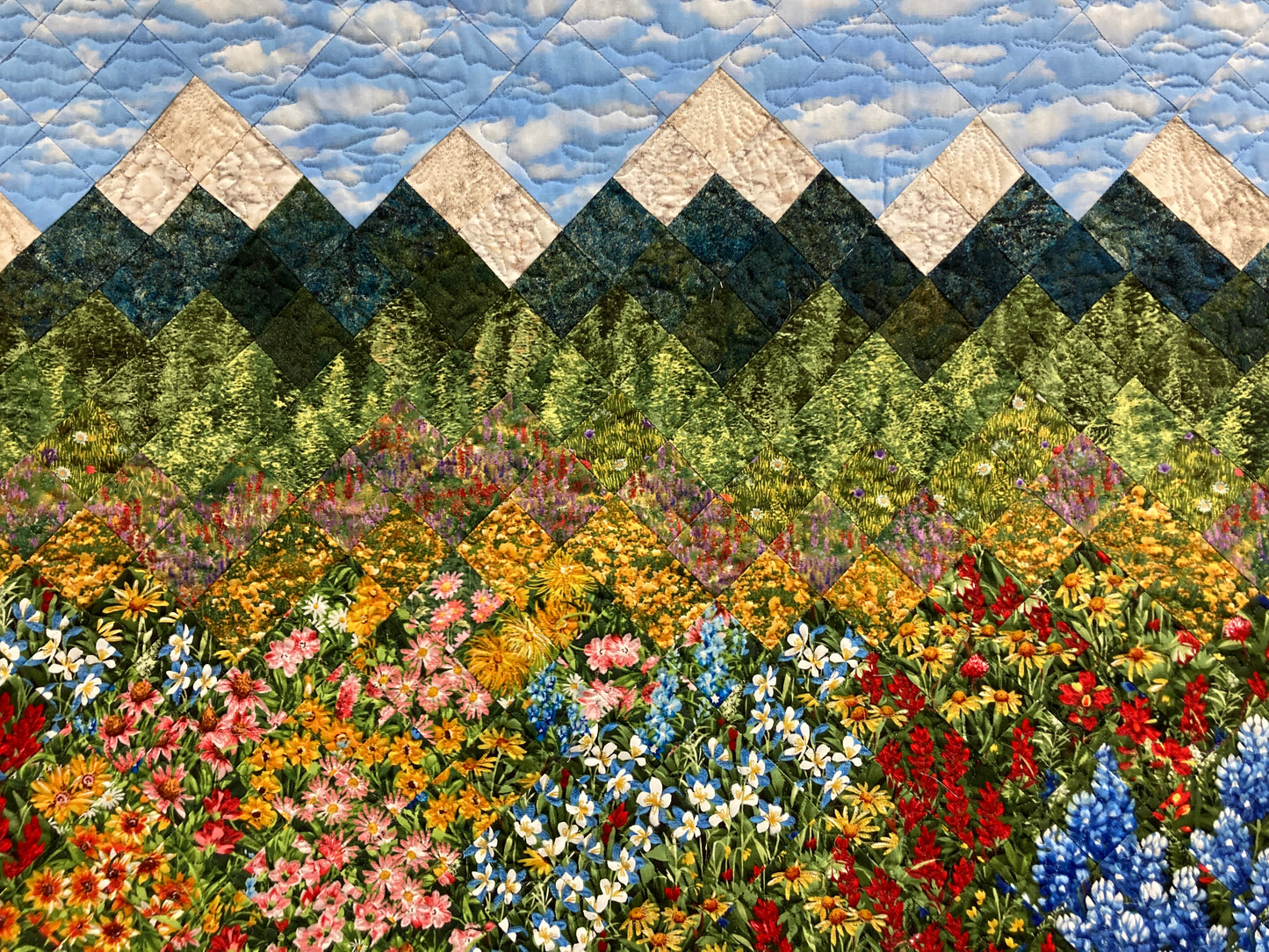 Mountain Flowers Landscape Art Quilt, Scenic Tapestry 33x37" Fabric Wall Hanging Horizontal Quilted Original Meadow Snow Pine Trees Handmade