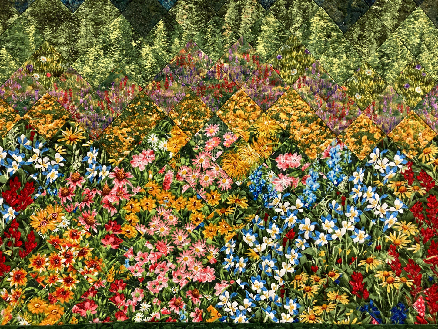 Mountain Flowers Landscape Art Quilt, Scenic Tapestry 33x37" Fabric Wall Hanging Horizontal Quilted Original Meadow Snow Pine Trees Handmade