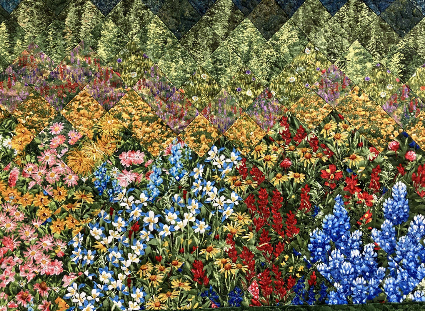 Mountain Flowers Landscape Art Quilt, Scenic Tapestry 33x37" Fabric Wall Hanging Horizontal Quilted Original Meadow Snow Pine Trees Handmade