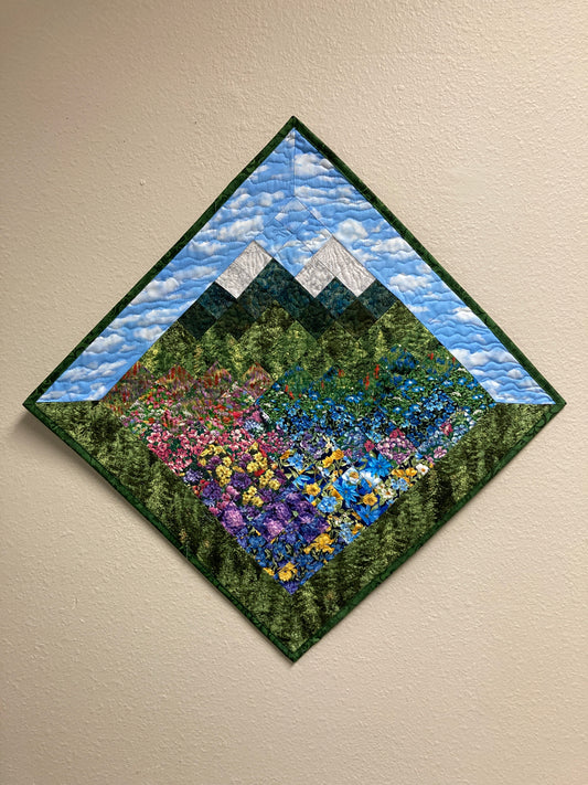Art Quilt, Blue Yellow Purple Flowers Meadow Mountain Fabric Wall Hanging Landscape Tapestry Wall Art, Bedroom Living Room 29x29" Diagonal
