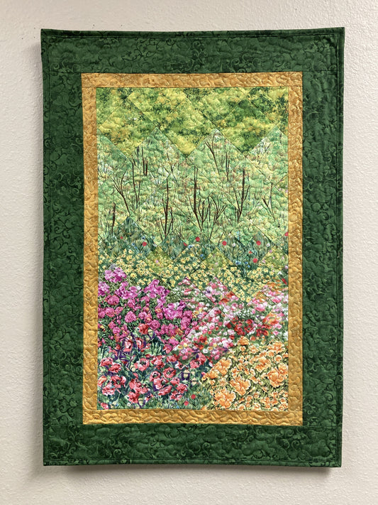 Art Quilt, Spring Trees and Flowers, Fabric Wall Hanging Yellow Pink Flowers, Forest Sunshine Landscape Tapestry, Handmade 21x31" Original