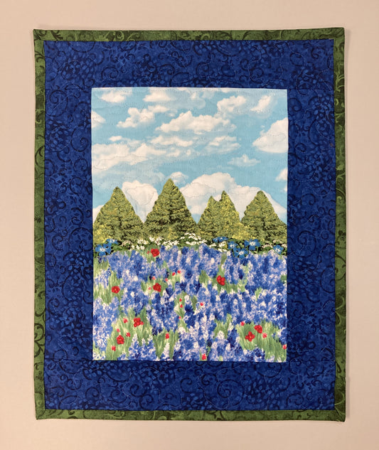 Blue Bonnets Red Meadow Flowers Mountains Landscape Art Quilt, Textile 13x17", Tapestry Fabric Wall Hanging, Small Scenic Wall Art Handmade