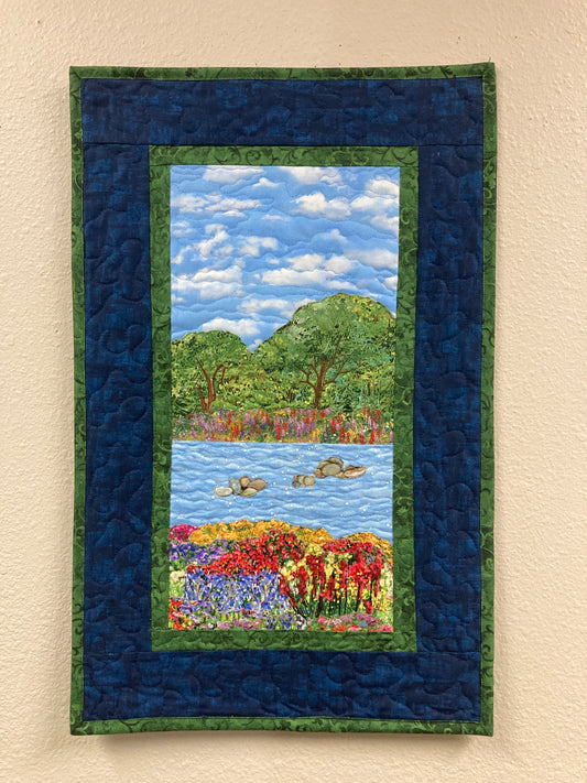Wildflower Summer Meadow Trees Lake Landscape Art, Quilted, Square Tapestry 15x19", Red Yellow Pink Small Vertical Fabric Wall Hanging