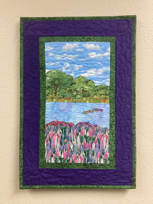 Summer Lupine and Trees Fabric Wall Hanging, Wildflower Lake Meadow Landscape Art Quilt, Vertical Tapestry 15x24", Small Narrow Purple