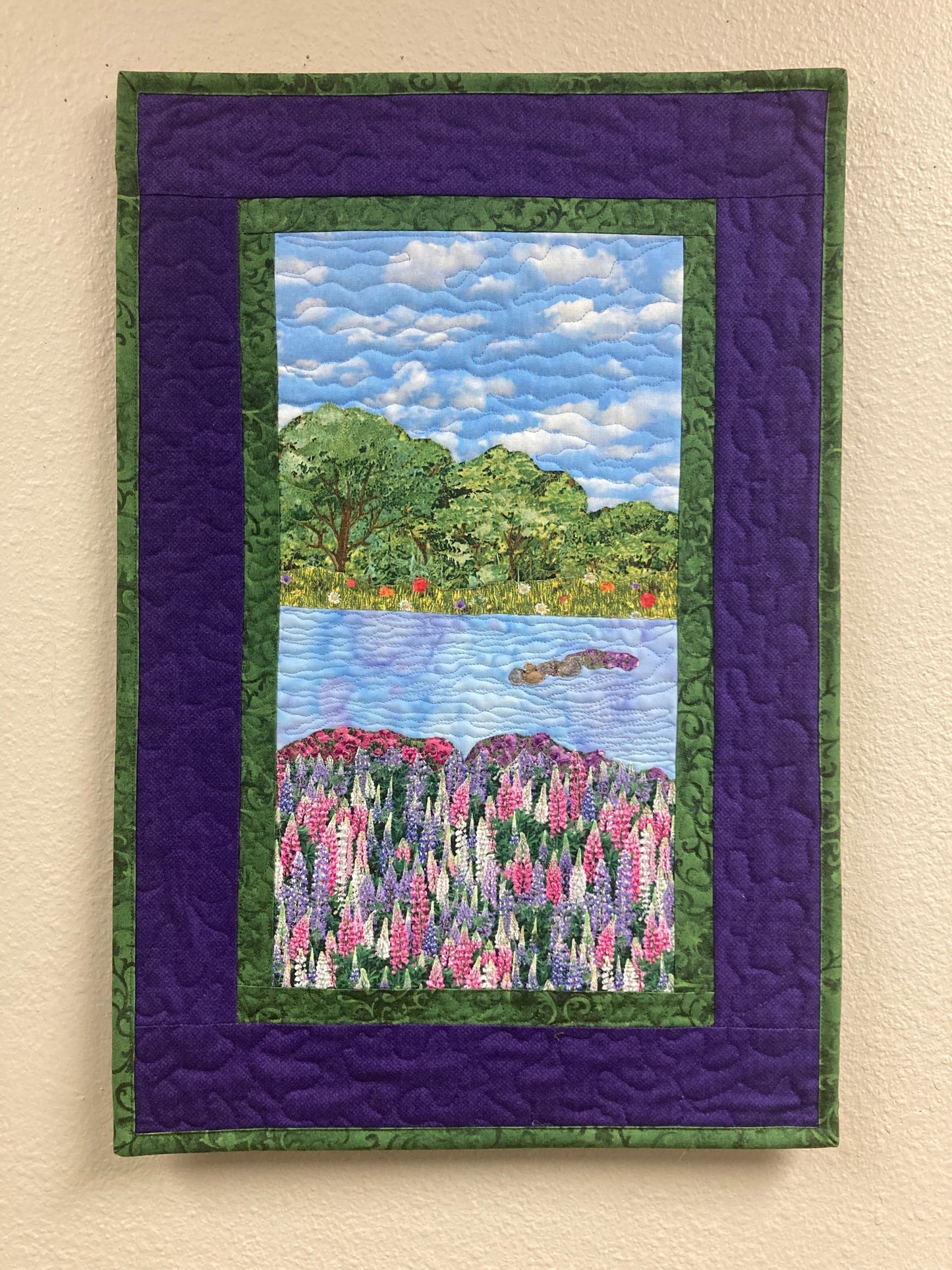 Summer Lupine and Trees Fabric Wall Hanging, Wildflower Lake Meadow Landscape Art Quilt, Vertical Tapestry 15x24", Small Narrow Purple