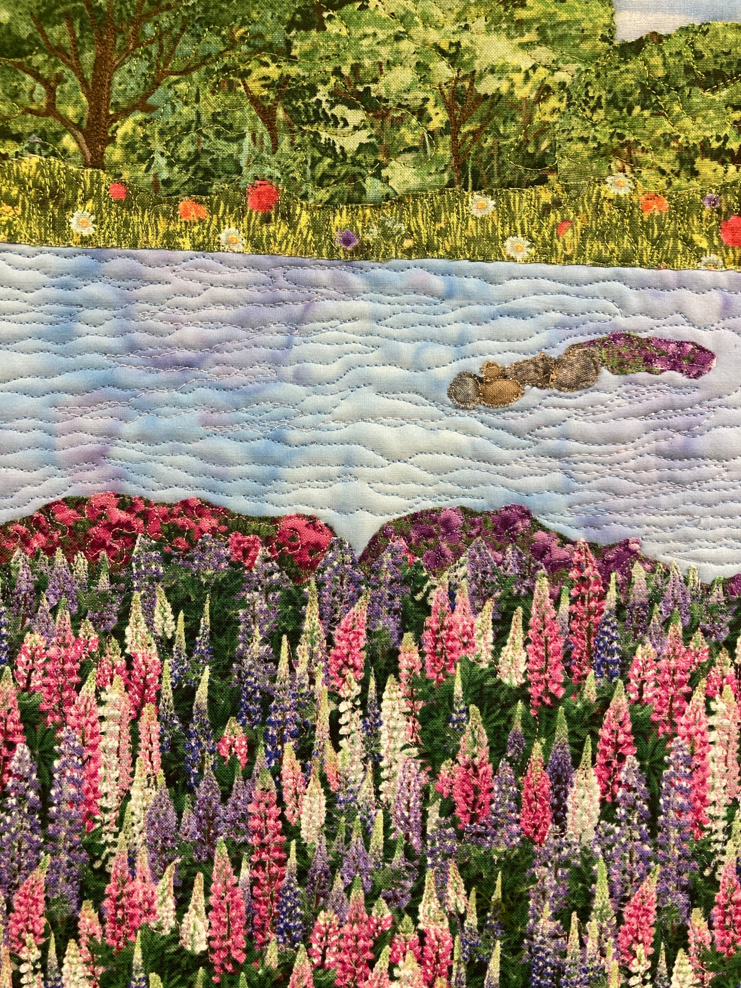Summer Lupine and Trees Fabric Wall Hanging, Wildflower Lake Meadow Landscape Art Quilt, Vertical Tapestry 15x24", Small Narrow Purple