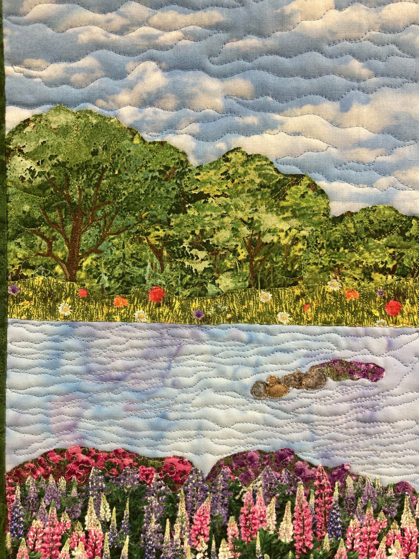 Summer Lupine and Trees Fabric Wall Hanging, Wildflower Lake Meadow Landscape Art Quilt, Vertical Tapestry 15x24", Small Narrow Purple