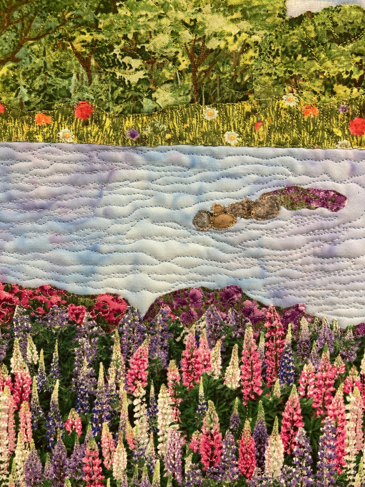 Summer Lupine and Trees Fabric Wall Hanging, Wildflower Lake Meadow Landscape Art Quilt, Vertical Tapestry 15x24", Small Narrow Purple
