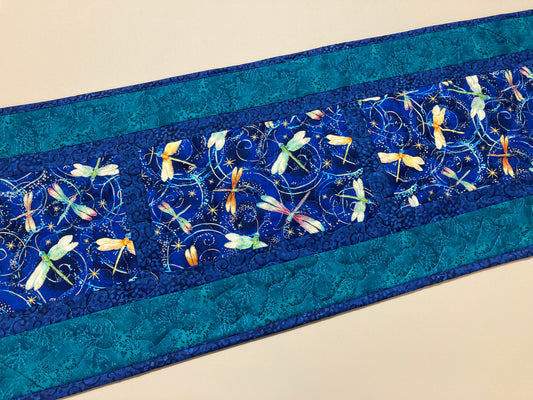 Blue Green Gold Dragonflies Quilted Dining Table Runner, 13x50" Reversible, Coffee End Table, Summer Flowers Whimsical Dragonfly Handmade