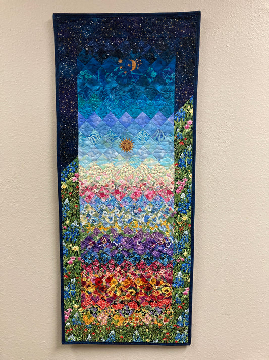 Art Quilt, Sunshine Garden Sun Moon Fabric Quilted Wall Hanging Celestial Tapestry 44x18" Whimsical Long Vertical Original Artwork Handmade