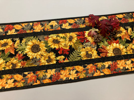Fall Sunflowers and Leaves Quilted Table Runner, 13x48" Reversible, Woodland Forest Autumn Orange Red Green Dining Coffee End Table Handmade