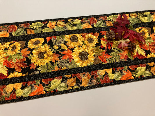 Fall Sunflowers Autumn Leaves Quilted Table Runner, 14x48" Reversible Pine Cones, Woodland Forest Orange Red Green Dining Coffee End Table