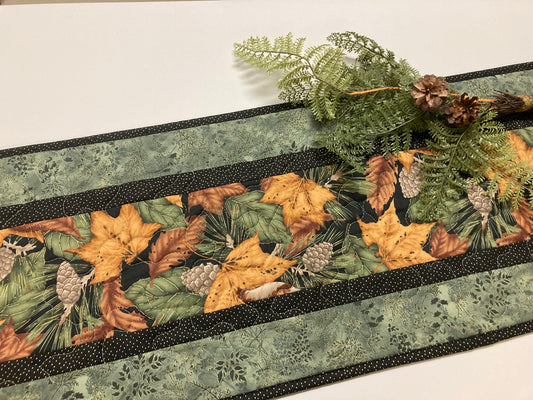 Autumn Fall Dining Table Runner, Rust Green Gold Leaves, Quilted Reversible Washable, 13x48", Thanksgiving Dinner Coffee Table Handmade