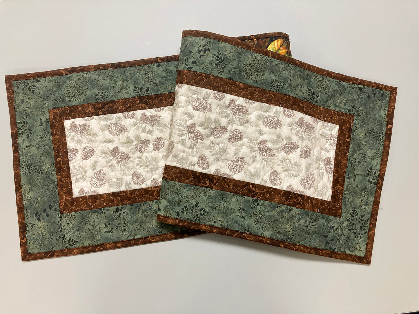 Summer Pine Cones Quilted Dining Table Runner, Fall Reversible, Coffee End Table Dresser Scarf 13x48" Woods Rustic Mountain Cabin Handmade