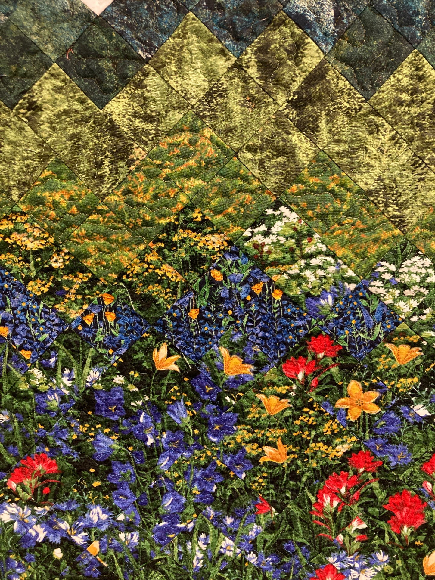 Mountain Art Quilt Tapestry Fabric Wall Hanging, 21x32” Original Artwork, Forest Blue Red Yellow Meadow Flower Snowy Scenic Alpine Cabin