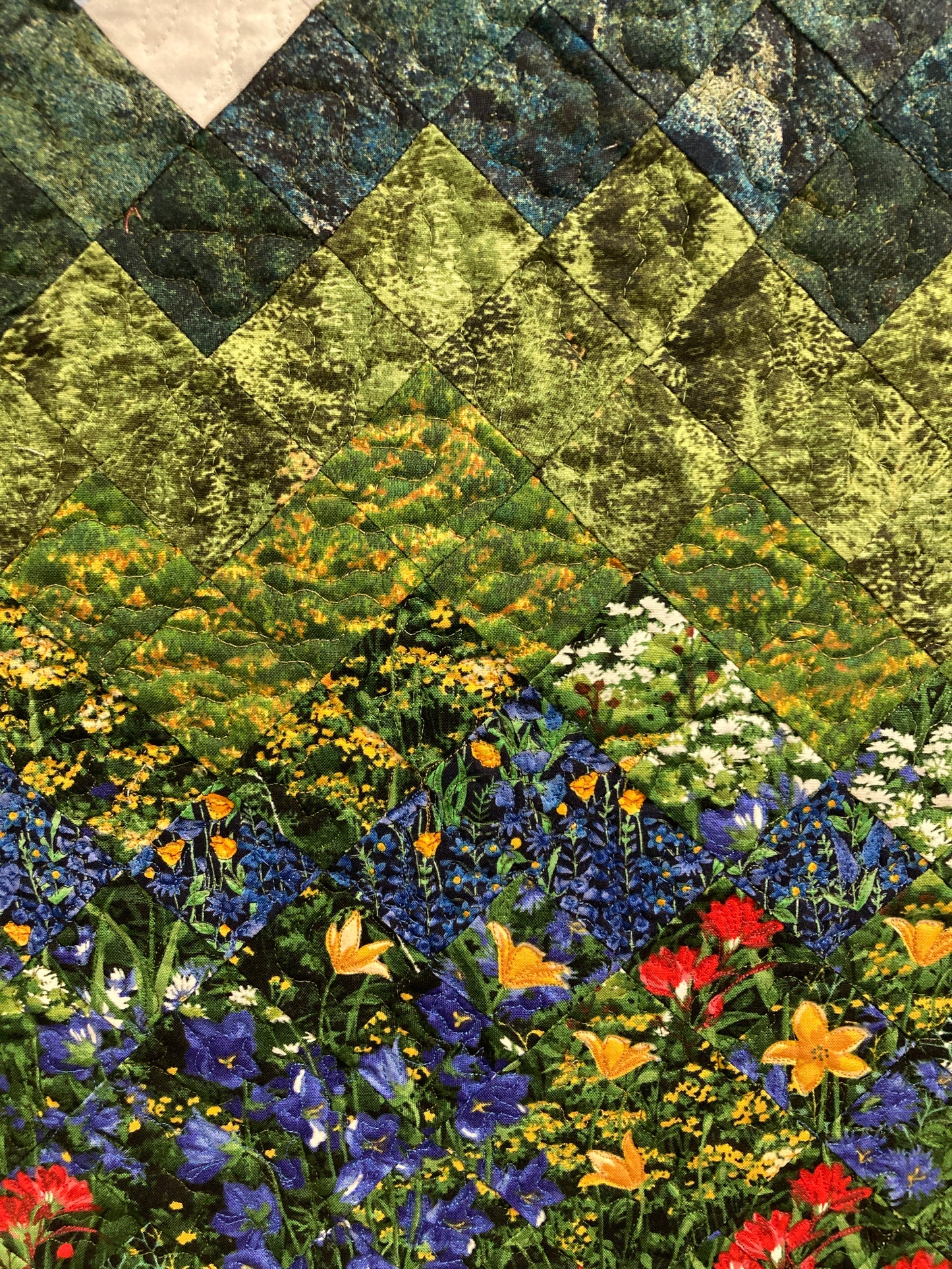 Mountain Art Quilt Tapestry Fabric Wall Hanging, 21x32” Original Artwork, Forest Blue Red Yellow Meadow Flower Snowy Scenic Alpine Cabin