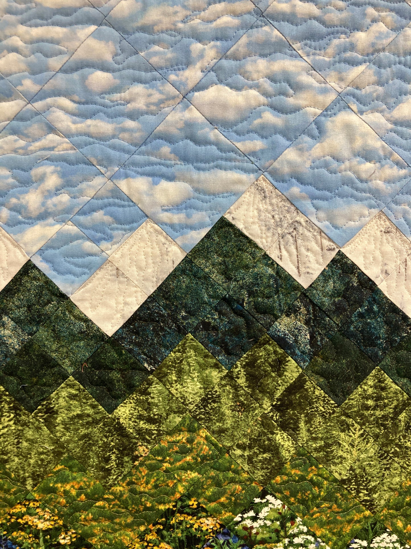 Mountain Art Quilt Tapestry Fabric Wall Hanging, 21x32” Original Artwork, Forest Blue Red Yellow Meadow Flower Snowy Scenic Alpine Cabin
