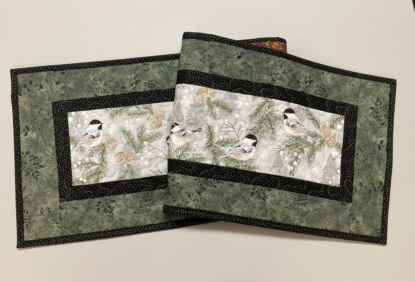Winter Mountain Chickadees Snowy Trees Quilted Table Runner 13x48" Reversible Fall, Birds End Coffee Dining Table Decor Christmas Everyday