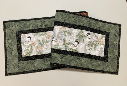Winter Mountain Chickadees Snowy Trees Quilted Table Runner 13x48" Reversible Fall, Birds End Coffee Dining Table Decor Christmas Everyday