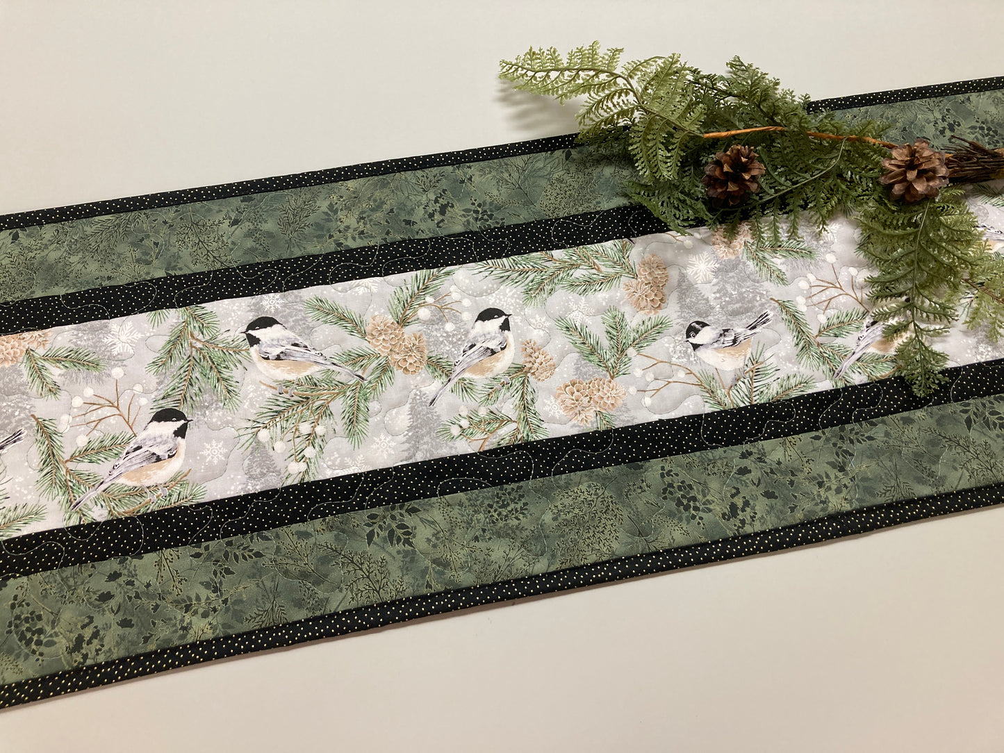 Winter Mountain Chickadees Snowy Trees Quilted Table Runner 13x48" Reversible Fall, Birds End Coffee Dining Table Decor Christmas Everyday