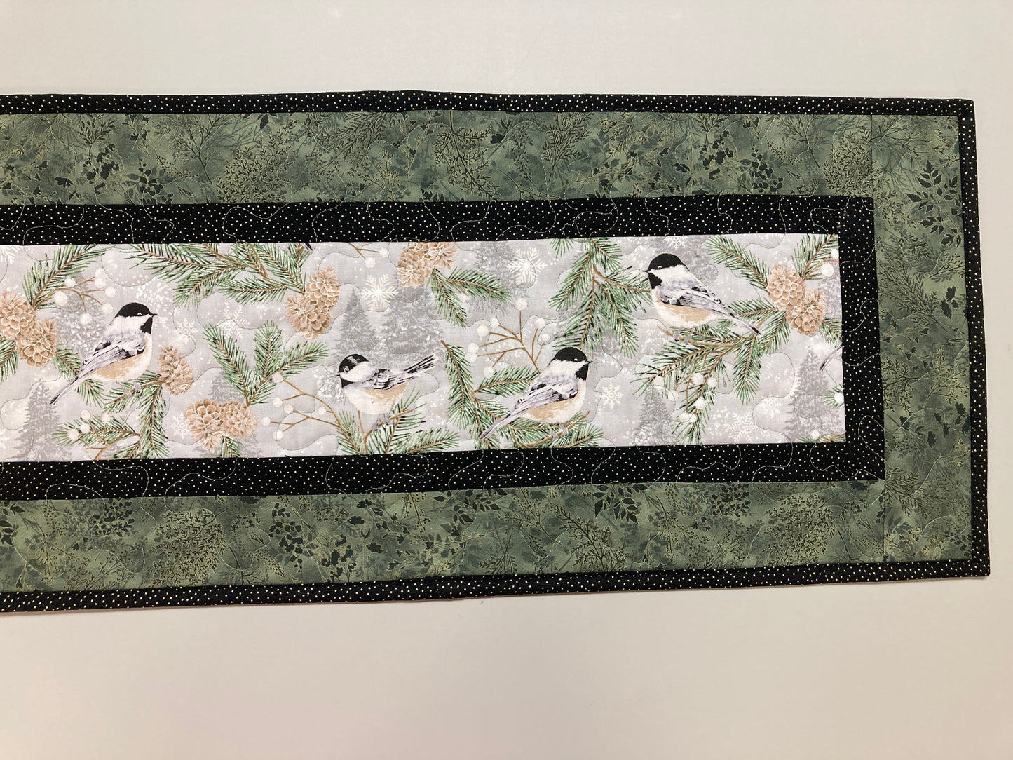 Winter Mountain Chickadees Snowy Trees Quilted Table Runner 13x48" Reversible Fall, Birds End Coffee Dining Table Decor Christmas Everyday