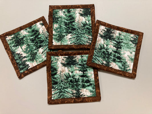Fabric Coasters, Mountain Pine Trees, Quilted 5x5" Snack Mats Mug Rugs Alpine Woods Mancave Hostess Stocking Stuffer Gift Him Her Handmade