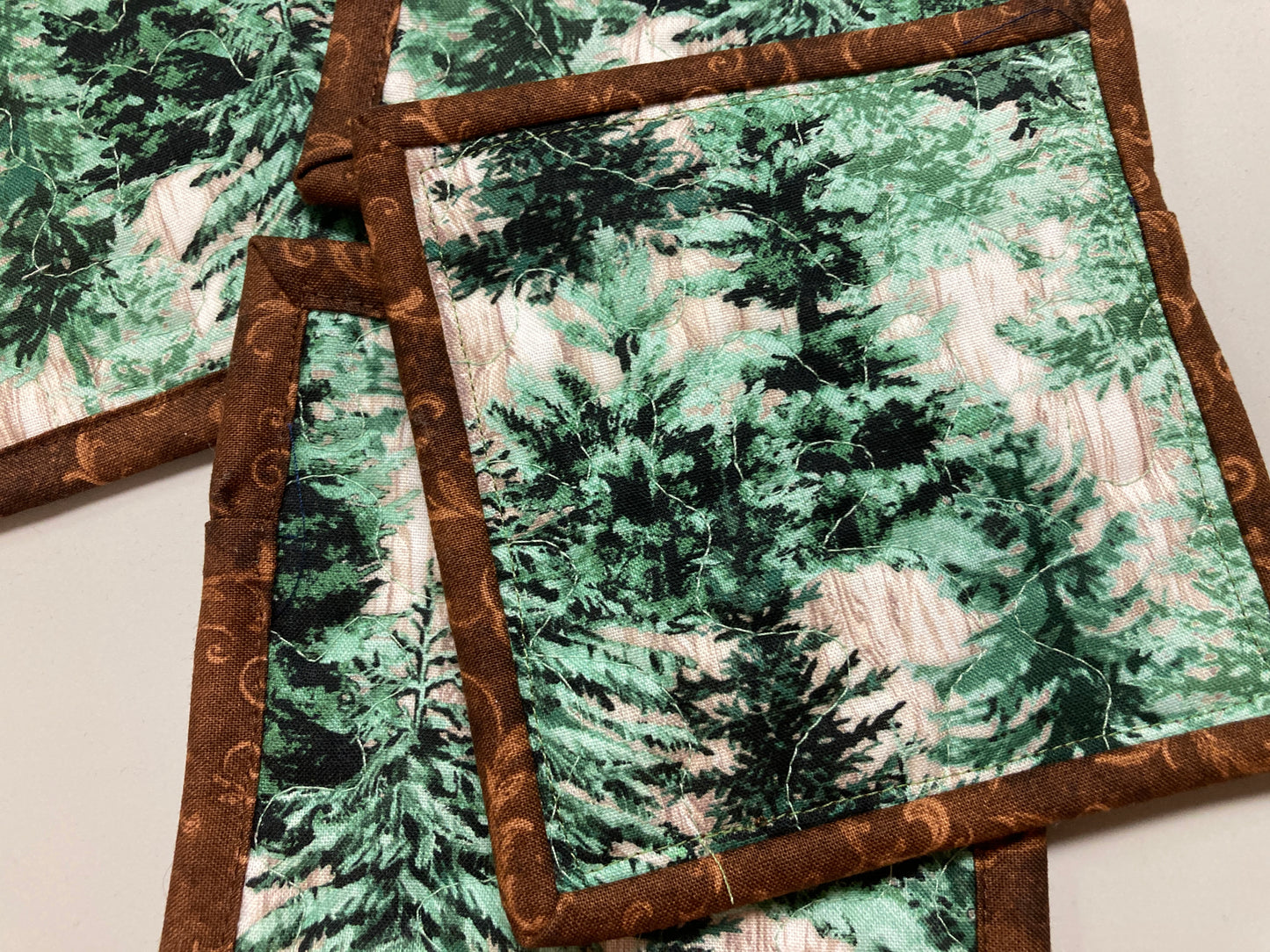 Fabric Coasters, Mountain Pine Trees, Quilted 5x5" Snack Mats Mug Rugs Alpine Woods Mancave Hostess Stocking Stuffer Gift Him Her Handmade