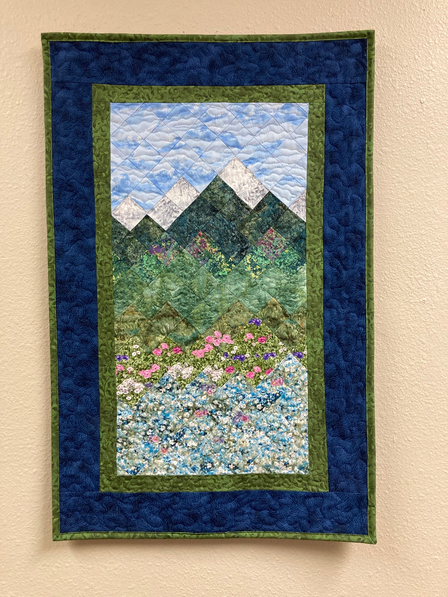 Spring Misty Blue Meadow Mountain Art Quilt Tapestry, Fabric Wall Hanging 19.5x30” Vertical Forest Mountain Scenic Original Artwork Handmade
