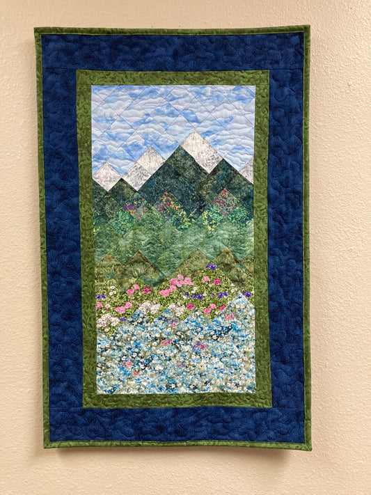 Spring Misty Blue Meadow Mountain Art Quilt Tapestry, Fabric Wall Hanging 19.5x30” Vertical Forest Mountain Scenic Original Artwork Handmade